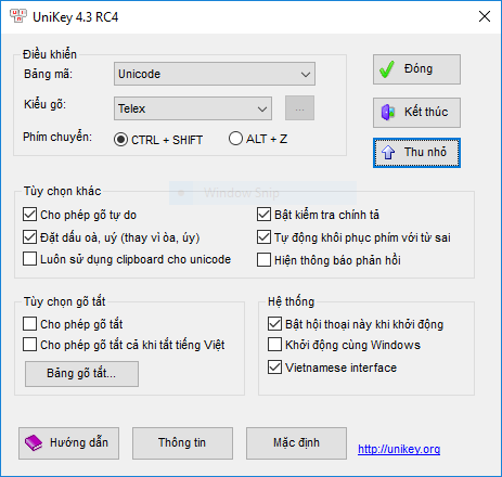 Bảng điều khiển của phần mềm gõ tiếng Việt Unikey khi chạy trong Windows