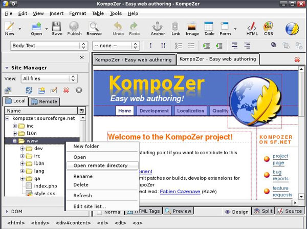 User interface of software KompoZer
